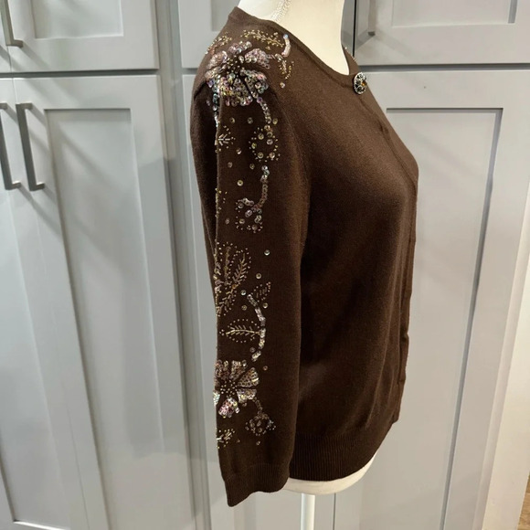 Classics Entier Beaded Wool Silk Cashmere Brown Hidden Snap Cardigan Large - Picture 4 of 10